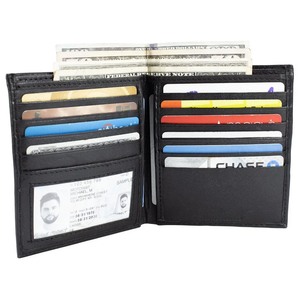 Men Lambskin Leather Long Wallet with Multi Card Holder, Black